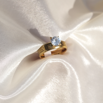Luxurious Luzura Greek Solitaire gold-plated ring with Versace-inspired key pattern and zircon stone, perfect for bridal elegance in Lahore or party glamour in Karachi 2025.