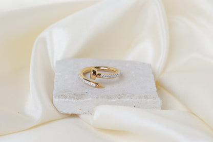 Striking Luzura Nova Nail gold-plated ring with zircon stone, ideal for bold artistry in Karachi or bridal elegance in Lahore, Pakistan 2025.